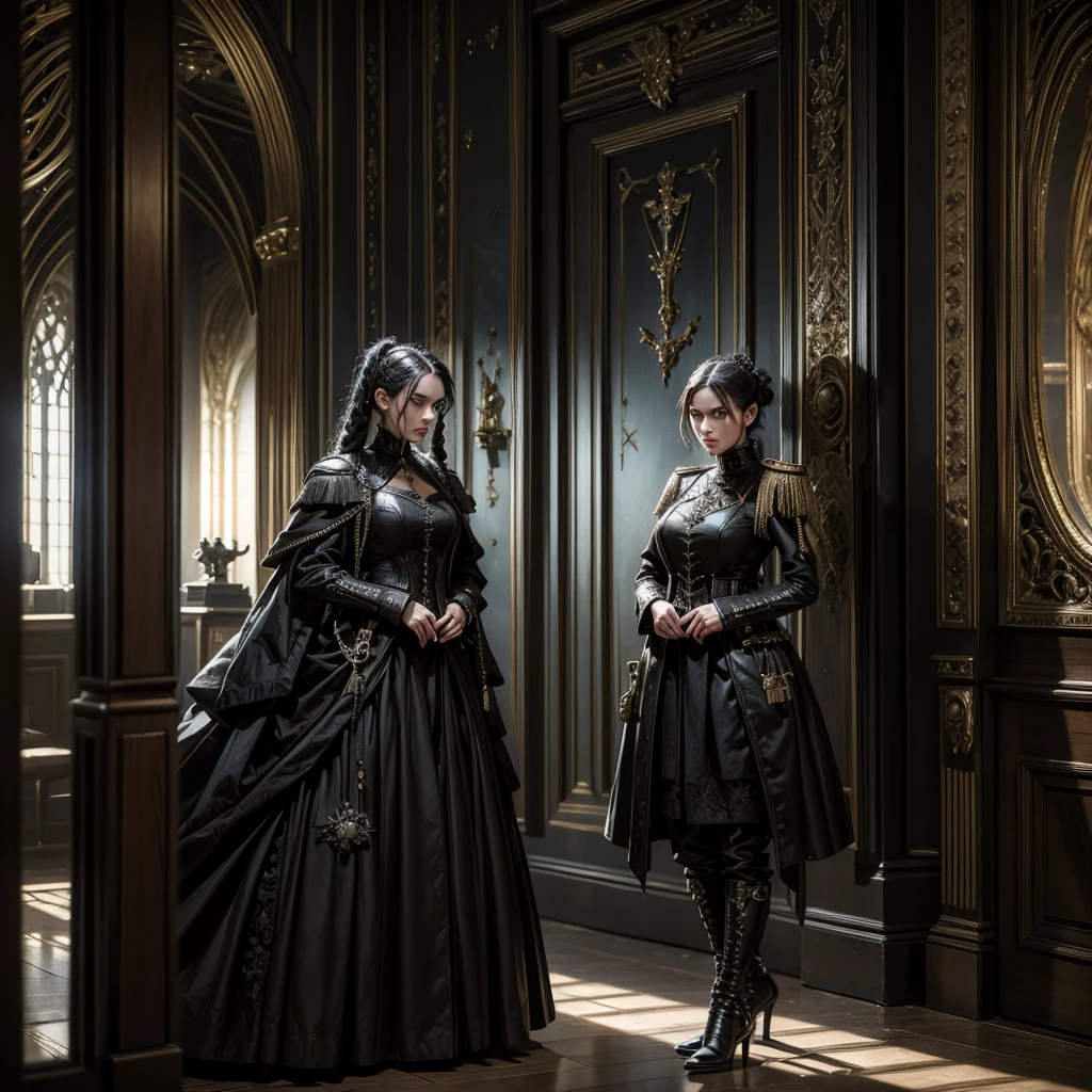 
a woman in a dark imperial military uniform inspects the interior of a gothic house populated by grotesque and surreal figures hyper-realistic, cinematic, 8k, ultra-detailed, masterpiece, intricate-details, photo-realistic, perfect-details 