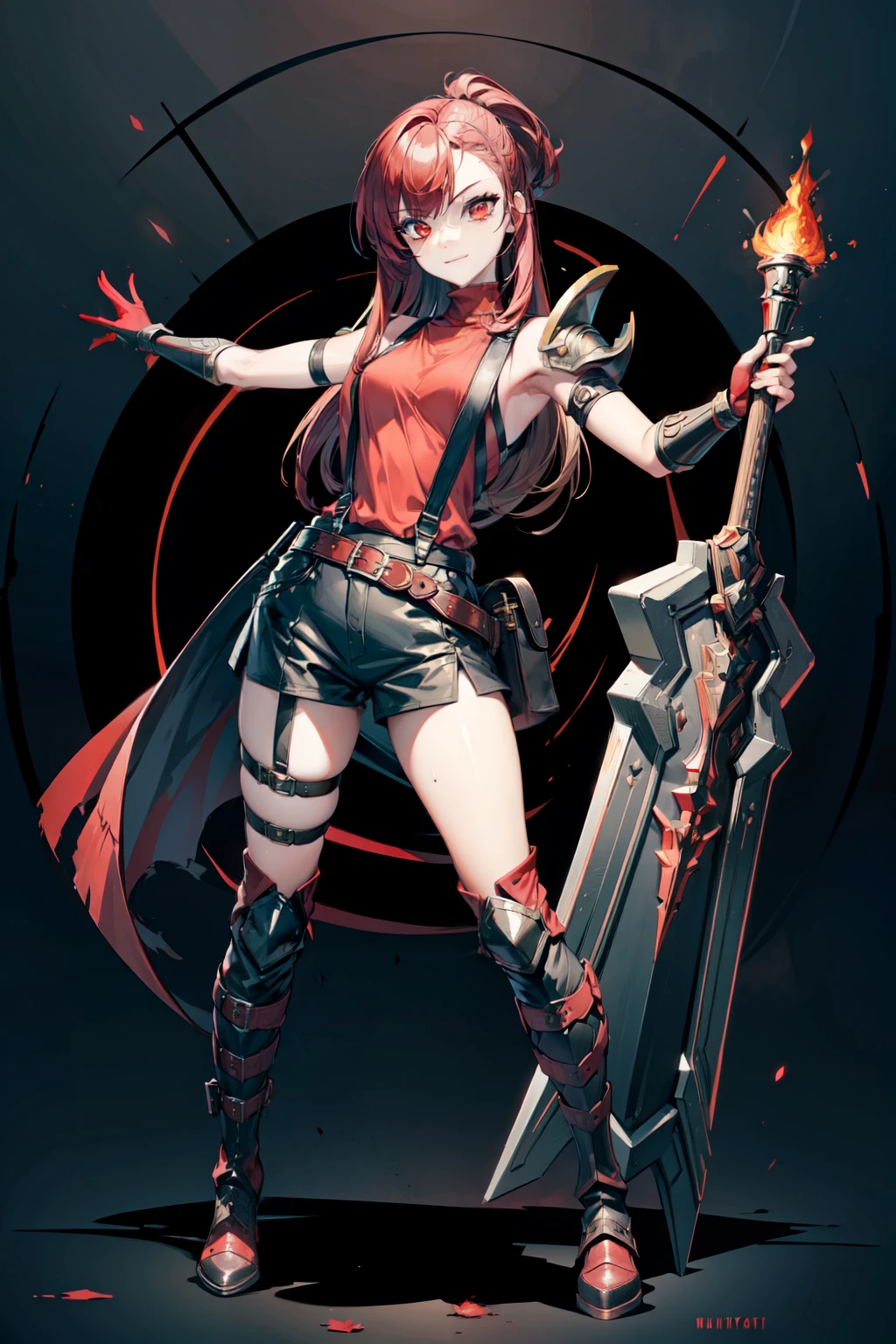 (masterpiece, best quality:1.2), red glowing eyes, red eyes, the eyes are red, perfect face, , strong make up, highres, 1 girl, solo, make up, (female:1.5), strife, long hair, shoulder armor, sleeveless turtleneck, suspenders, belt, gloves, bracer, evil smile, standing, portrait, looking at viewer, giant sword on the back, long leather boots, fullbody shot