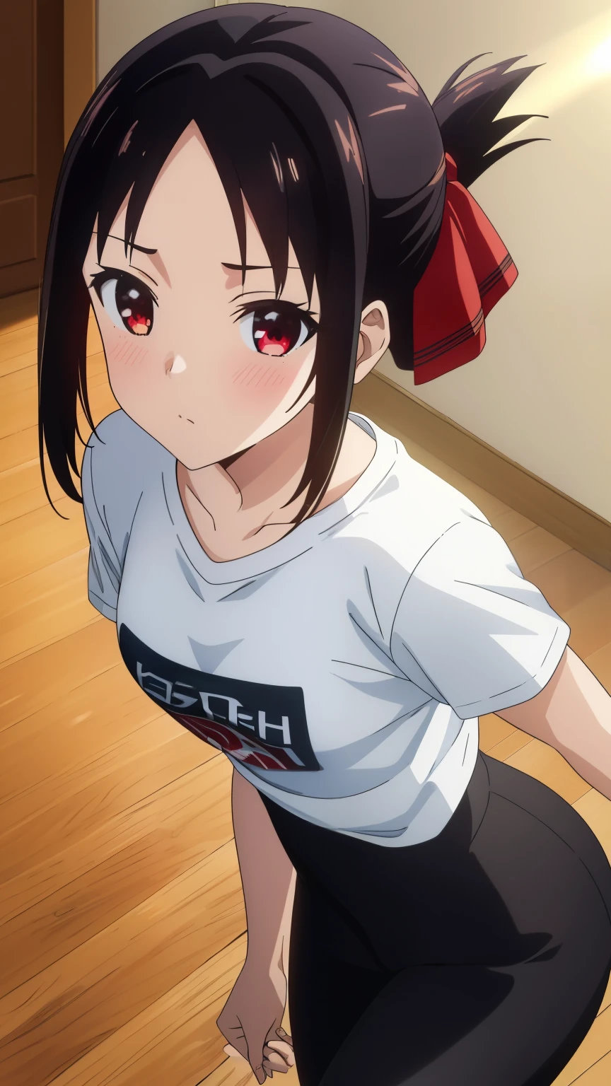 (best quality, masterpiece, 8k:1.2), (anime:1.2), detailed, Shinomiya Kaguya,1girl, solo, (black hair:1.2), side Lock, red eyes, short hair, folded ponytail, red hair ribbon, eye light, small medium breasts, (T-Shirts, Leggings), room, blush),
Definition CG Unity, Perfect lit, bright_front_face_lit,Super detailed, photograph, 8K, nffsw, High resolution, (absurd:1.2), kodak portrait 400, film grain, Lens flare, (lively_color:1.2), looking at the viewer, (cowboy shot:1.2), dynamic angle, 