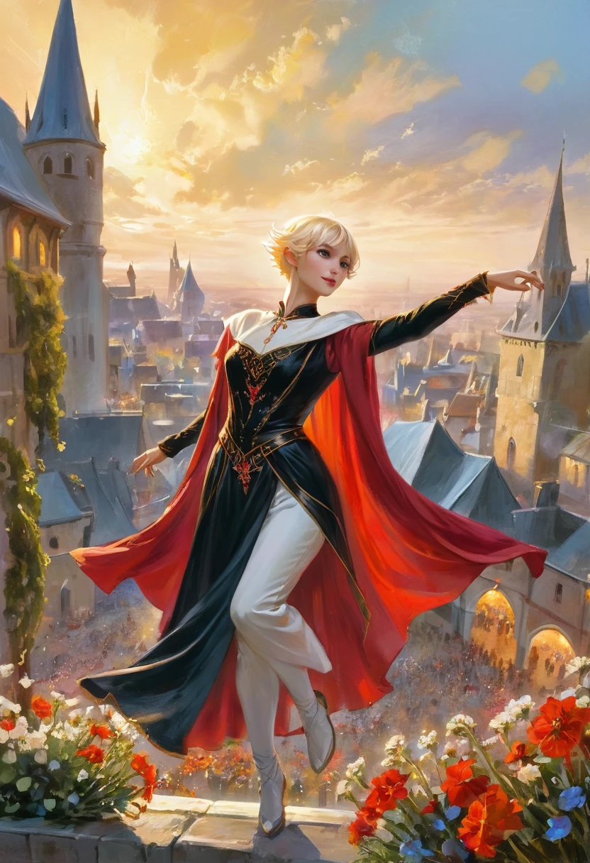 1 magician woman, expressive black eyes, elf ear, blonde short hair, dressed with a red drape, using his magic ,dancing pose , flowers fall from the sky in big medieval city in sunset in background in background, detail richness, masterpiece, best quality