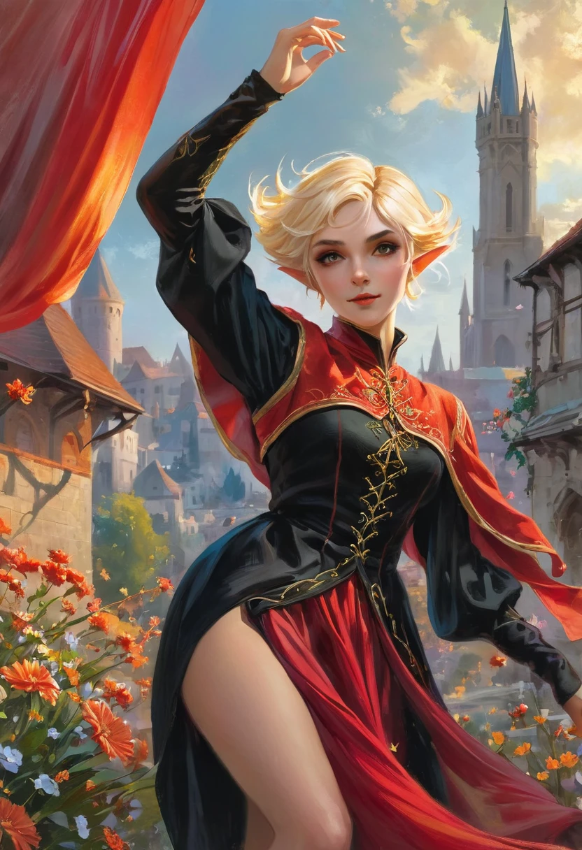 1 magician woman, expressive black eyes, elf ear, blonde short hair, dressed with a red drape, using his magic ,dancing pose , flowers fall from the sky in big medieval city in sunset in background in background, detail richness, masterpiece, best quality