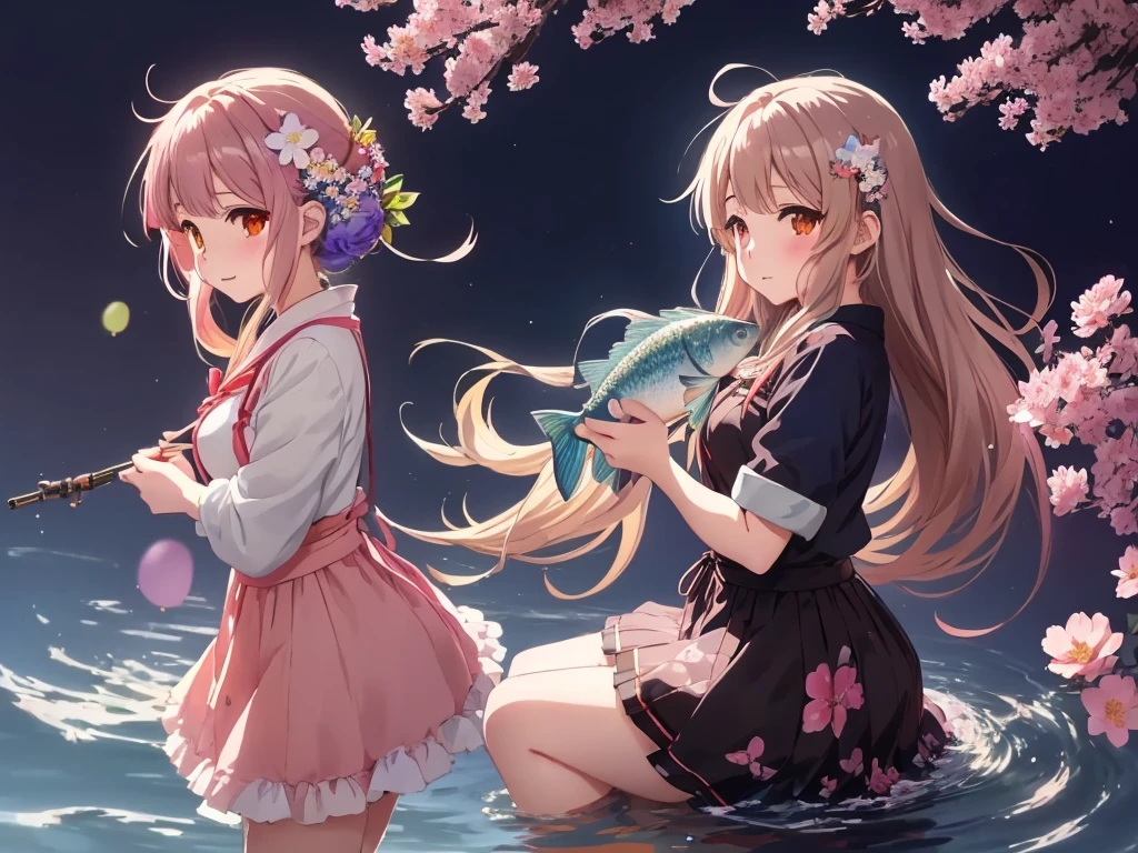 Flowers in hair、Anime girl holding a fish, Half Yamada, Splash Art Anime , Anime Style 4k, Kyoto Animation Style, Best anime 4k konachan wallpaper, Anime Art Wallpapers 8K, Kantai Collection Style, everyone, Official artwork, Beautiful anime artwork, Anime-style illustrations, anime art wallpaper 4k