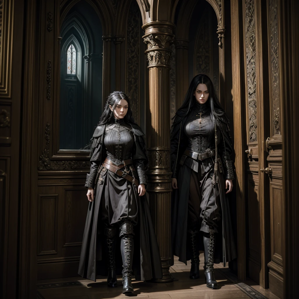 
a woman in a dark imperial military uniform inspects the interior of a gothic house populated by grotesque and surreal figures hyper-realistic, cinematic, 4k, ultra-detailed, masterpiece, intricate-details, photo-realistic, perfect-details 