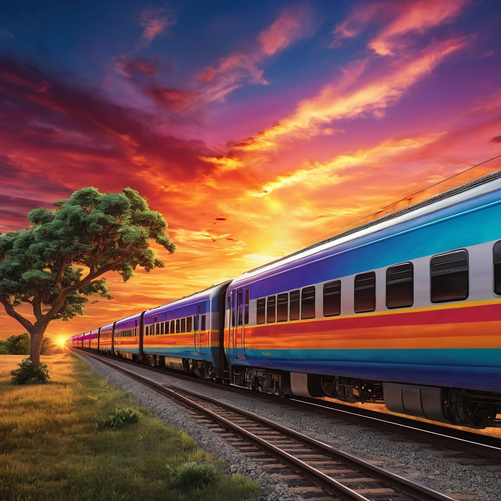Lateral view of a realistic scene featuring a train passing under a vibrant sunset. The image captures a professional, trending aesthetic with elements of magical realism, highlighting a stunning scene of cosmic skies. High-resolution, photorealistic, background: celestial sunset