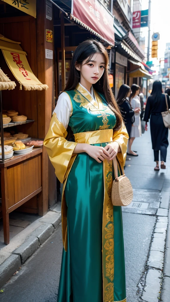 Korean girl wearing Burmese traditional dress, sweet, big breasts, straight face, standing posture, street background.