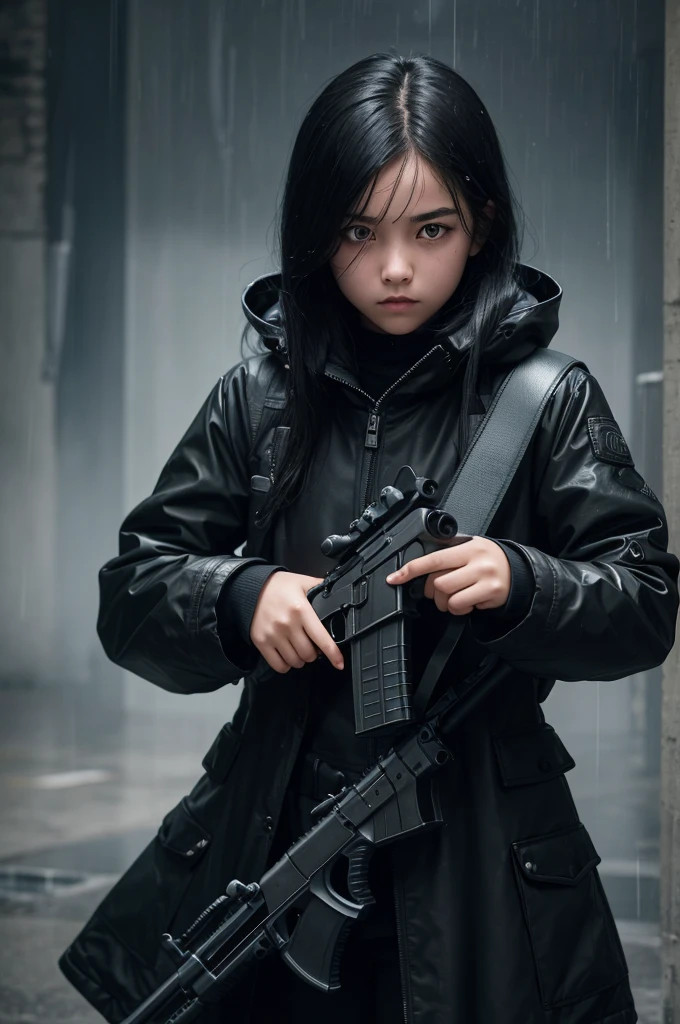 A 14 year old girl in a black coat,with white skin and black hair,cyan and menacing eyes,while holding a rifle with a skull,all this in a heavy rain.