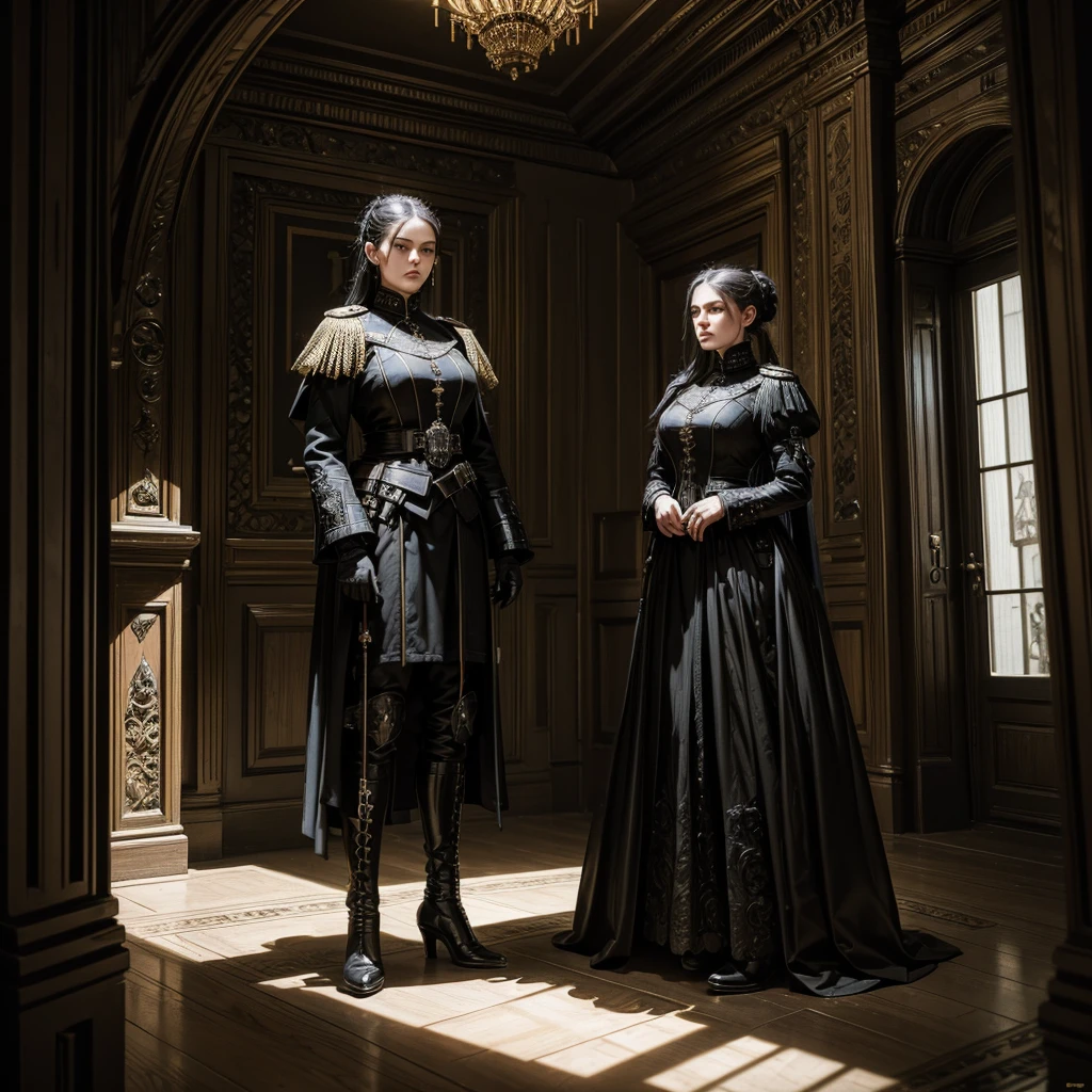 a woman in a dark imperial military uniform inspects the interior of a gothic house populated by grotesque and surreal figures hyper-realistic, cinematic, 4k, ultra-detailed, masterpiece, intricate-details, photo-realistic, perfect-details
