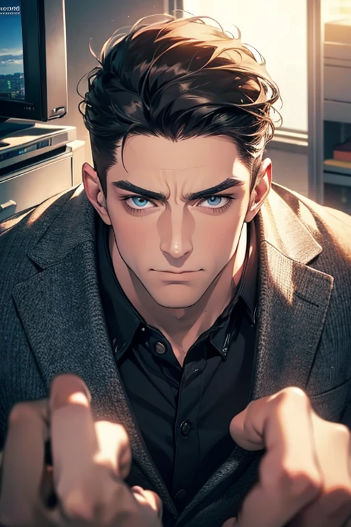 (Best Quality,4k,8k,high resolution,Masterpiece:1.2),ultra detailed,(realist,photorealist,photo-realist:1.37),1 man,31 years,mature man,very handsome,without expresion,muscled body,short gray black hair,Blue eyes,glare,perfect face without mistakes,imposing posture,businessman,office background,cinematic lighting,imagen HDR