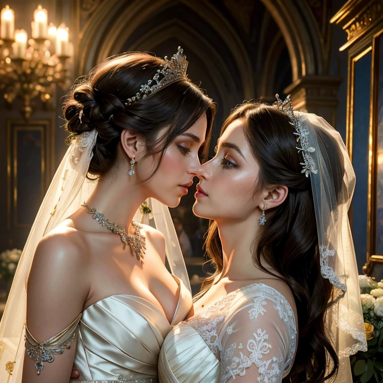 (masterpiece, best quality:1.5), highest quality, High resolution, super detailed, Realists, Upper body photo of the brunette bride, detailed and beautiful eyes, beautiful detailed lips, very detailed eyes and face, longeyelashes, Woman in wedding dress made of shiny satin fabric, Beautiful and colorful makeup, elegant and noble々Pose,shiny crown and jewels, Gardens as background, soft daylight, bright colors, fine brushstrokes, Portrait style, Noble details in the dress fabric, beautiful color palette, glowing skin, First-class rendering, that captures every detail, enchanting atmosphere, subtle shadows and lights, (perfect anatomy:1.2), (Two stunning brides are deeply in love:1.4), (kiss:1.2), (magnificent panorama view:1.2)