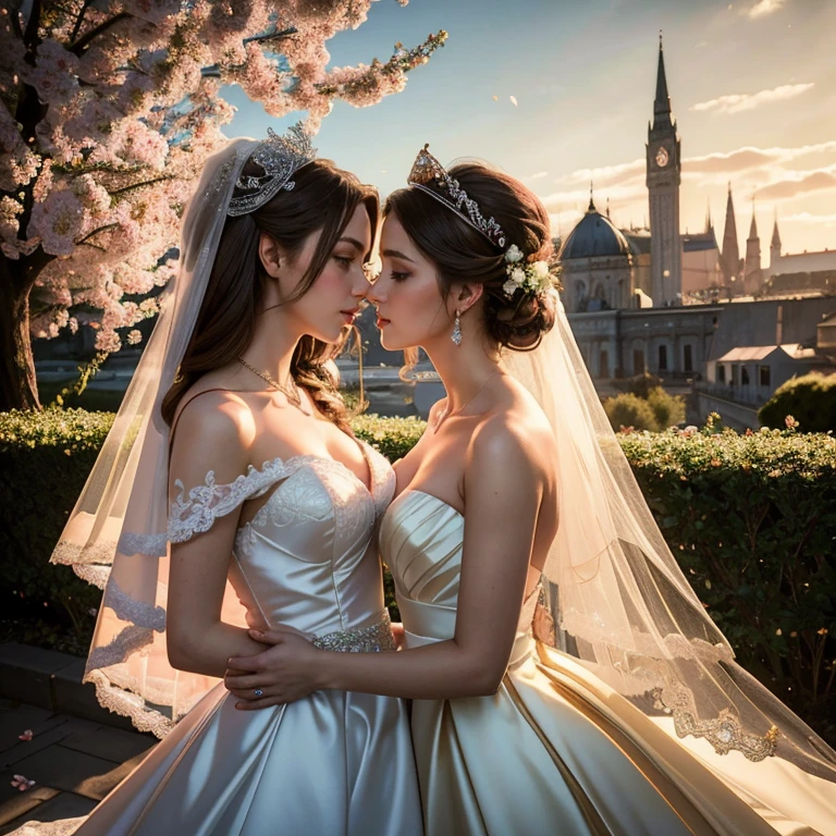 (​masterpiece, best quality:1.5), highest quality, High resolution, super detailed, Realists, Upper body photo of the brunette bride, detailed and beautiful eyes, beautiful detailed lips, very detailed eyes and face, longeyelashes, Woman in wedding dress made of shiny satin fabric, Beautiful and colorful makeup, elegant and noble々Pose,shiny crown and jewels, Gardens as background, soft daylight, bright colors, fine brushstrokes, Portrait style, Noble details in the dress fabric, beautiful color palette, glowing skin, First-class rendering, that captures every detail, enchanting atmosphere, subtle shadows and lights, (perfect anatomy:1.2), (Two stunning brides are deeply in love:1.4), (kiss:1.2), (magnificent panorama view:1.2)