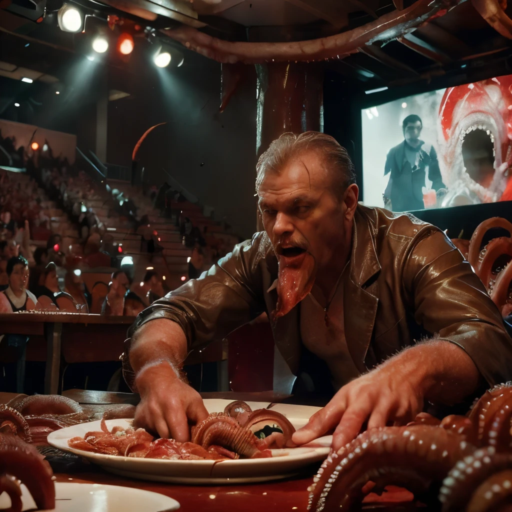 (HD photograph:1.4), best quality , Hasselblad, highly detailed, 8k, professional image, UK game show set called "Move On!", enthusiastic audience and contestants, male contestants, wearing dirty suits, (audience members:1.2), eating a plate of nondescript bloody seafood, bloody tables, (gore:1.3), unnerving, creepy, horror, surrealist, (David Cronenberg:1.3)