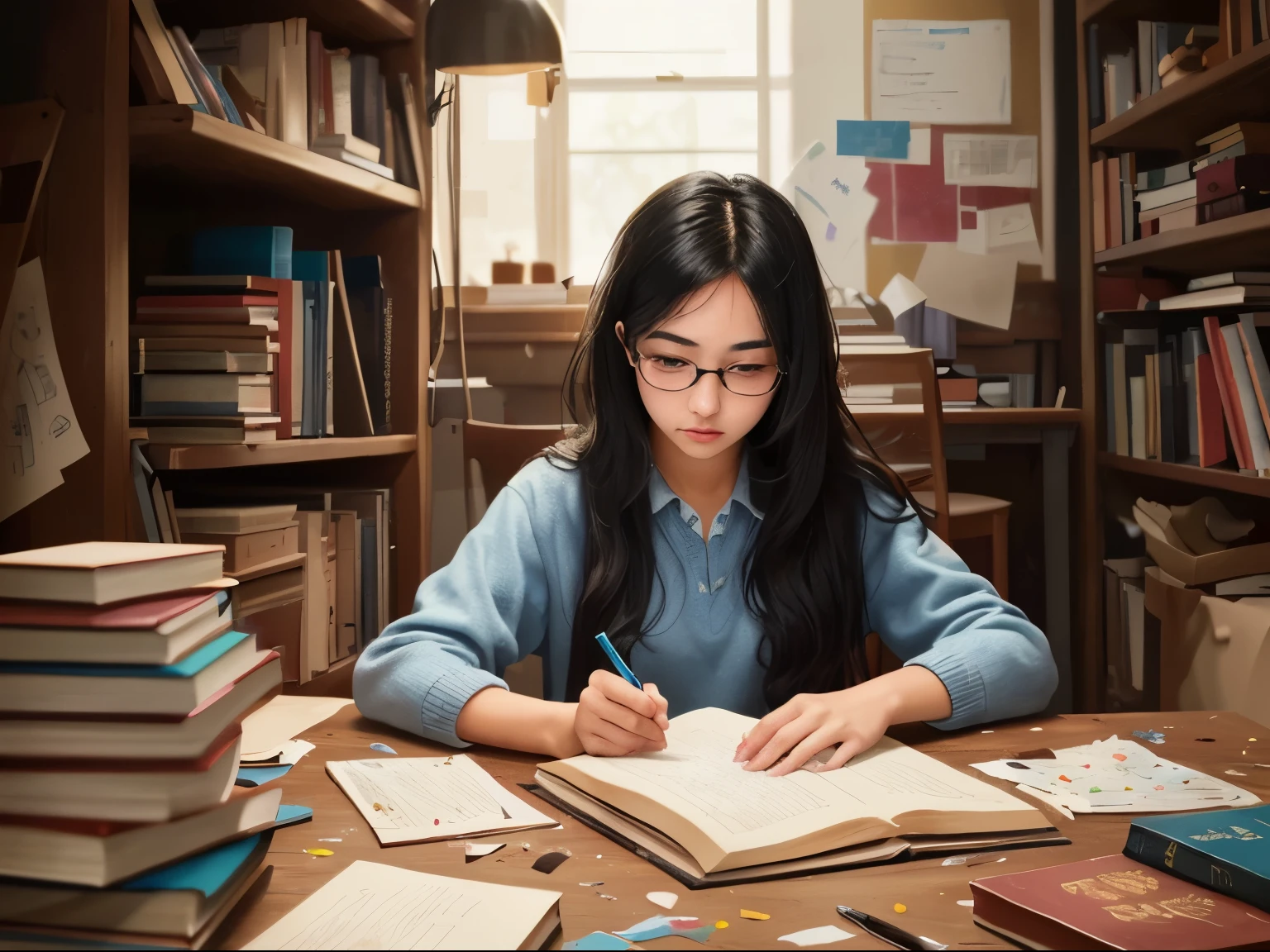 ((best quality)), ((masterpiece)), (detailed), A digital illustration of a teenage girl studying with books and notes scattered around her in a messy but determined manner. She has long black hair and is wearing glasses.