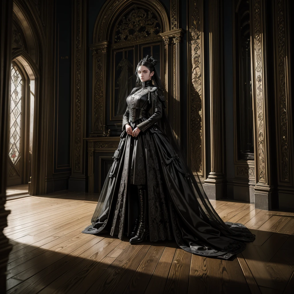 a woman in a dark imperial military uniform inspects the interior of a gothic house populated by grotesque and surreal figures hyper-realistic, cinematic, 4k, ultra-detailed, masterpiece, intricate-details, photo-realistic, perfect-details,first-floor