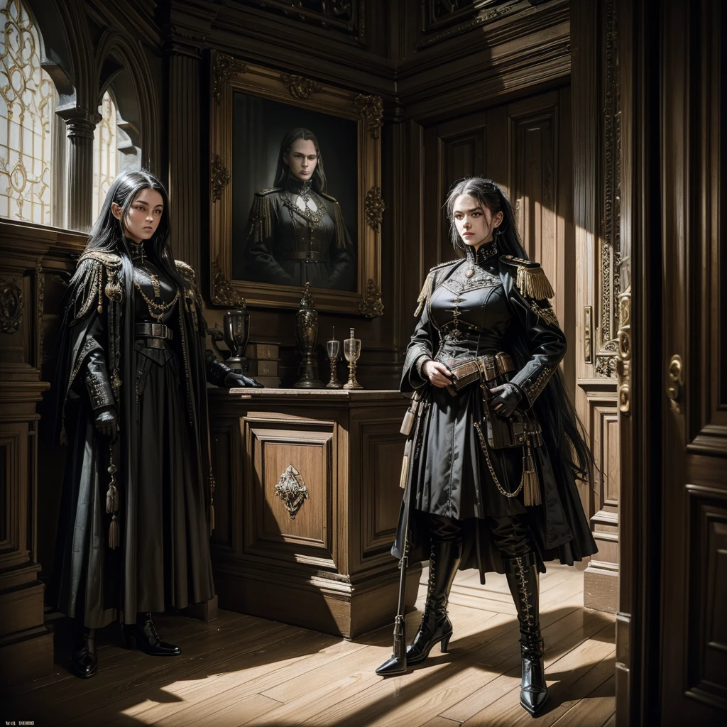 a woman in a dark imperial military uniform inspects the interior of a gothic house populated by grotesque and surreal figures hyper-realistic, cinematic, 4k, ultra-detailed, masterpiece, intricate-details, photo-realistic, perfect-details,first-floor