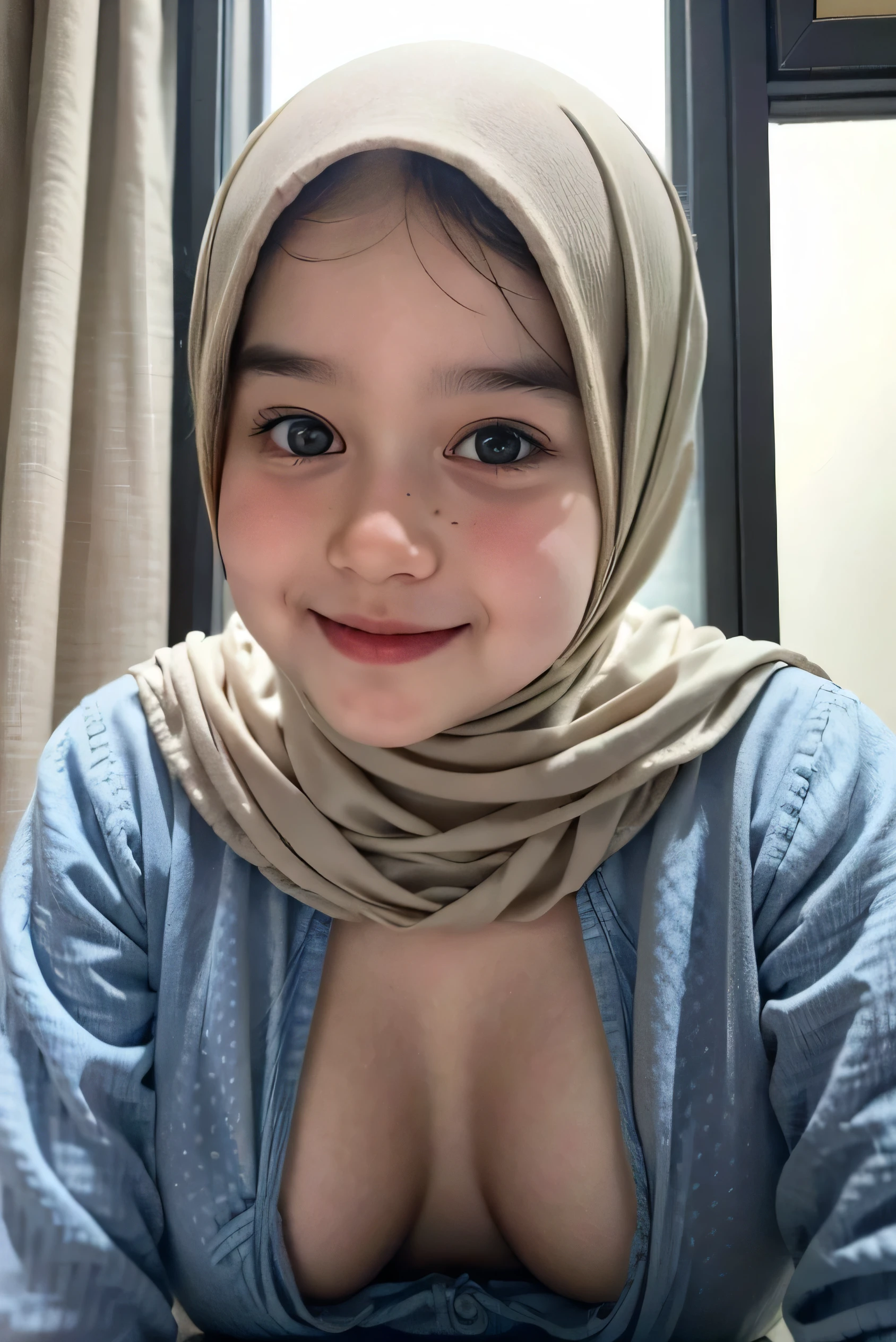 adorable, 1 girl, (face to face), , baby face, happy, half body portrait, (face details: 1), (eye details: 1), ((big breasts)). wearing transparent transparency soft long shirt, hijab .. Cute posed. proportional body. Ultra High Res. realistic: 1.4, UHD, (polkadot pattern), view from side seductive pose