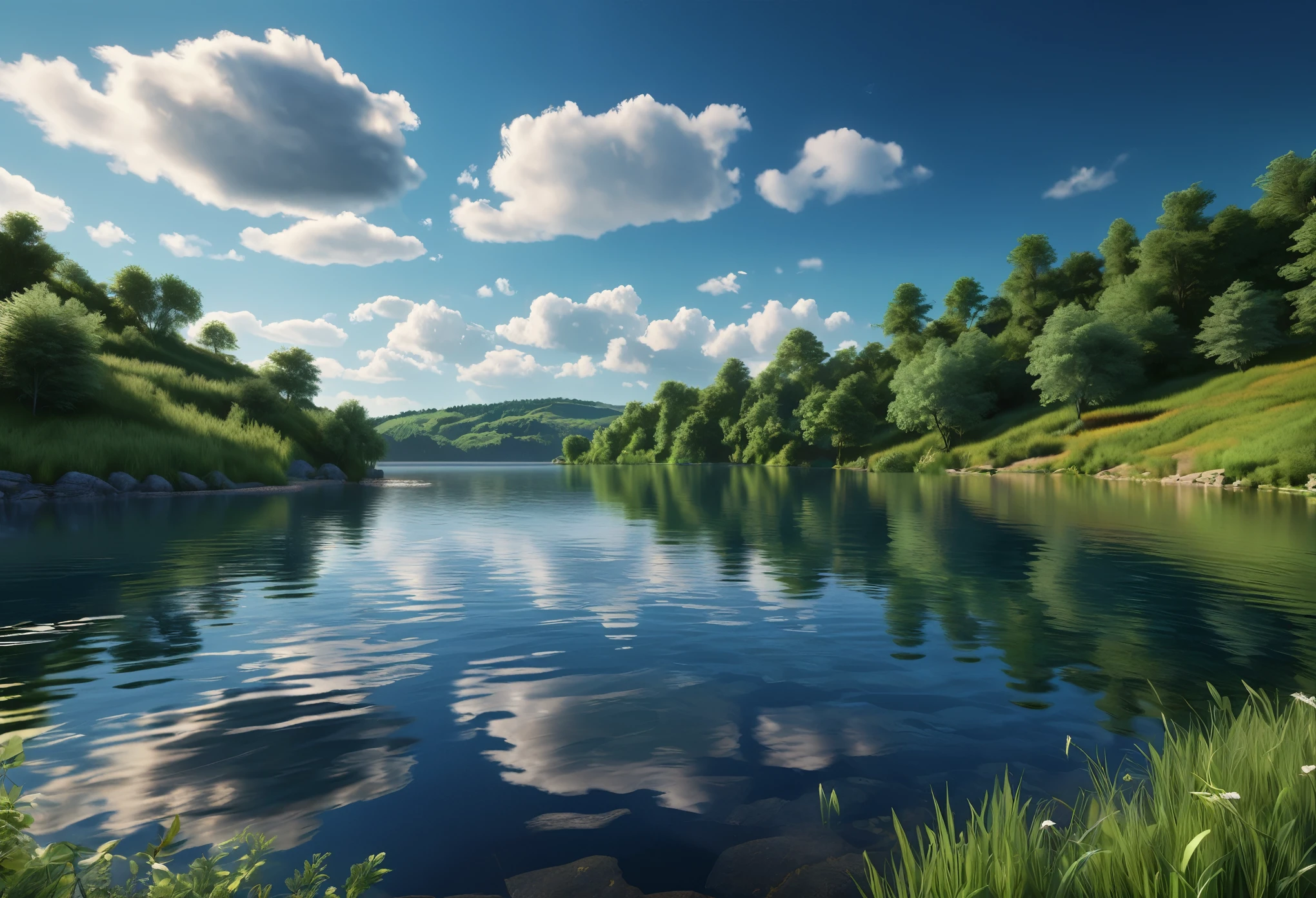 (serene landscape:1.3), (blue:1.2), (pale sky blue:1.1), (deep midnight waters:1.2), (calm and tranquility:1.3), detailed clouds, reflective lake, rolling hills, lush green foliage, (best quality,4k,8k,highres,masterpiece:1.2),ultra-detailed,(realistic,photorealistic,photo-realistic:1.37),HDR,UHD,studio lighting,ultra-fine painting,sharp focus,physically-based rendering,extreme detail description,professional,vivid colors,bokeh