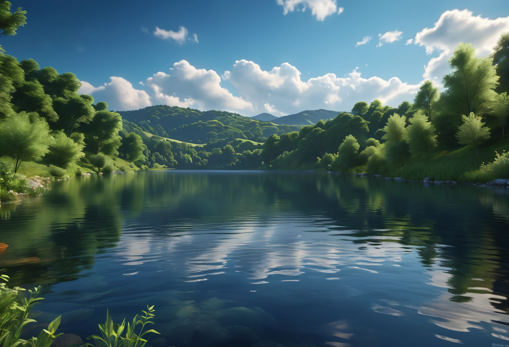 (serene landscape:1.3), (blue:1.2), (pale sky blue:1.1), (deep midnight waters:1.2), (calm and tranquility:1.3), detailed clouds, reflective lake, rolling hills, lush green foliage, (best quality,4k,8k,highres,masterpiece:1.2),ultra-detailed,(realistic,photorealistic,photo-realistic:1.37),HDR,UHD,studio lighting,ultra-fine painting,sharp focus,physically-based rendering,extreme detail description,professional,vivid colors,bokeh