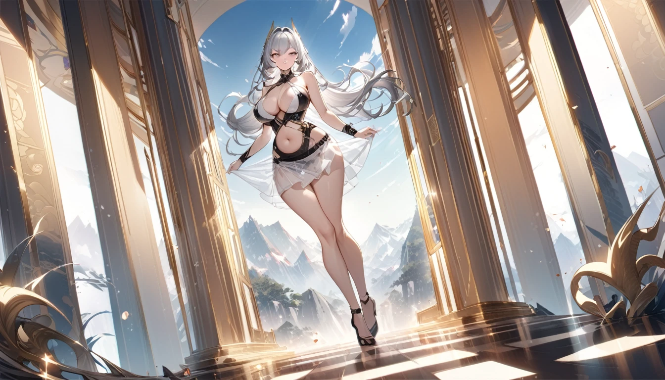 high quality,HD,16K,Sharp Line,1 Girl,fantasy, (Fire Spirits),Pretty Face, Large Breasts, Beautiful legs,In the mountains,Focus Girl,detailed Pretty Face,Detailed clothes,beautiful eyes,Cool,Sexy,Dynamic Angle,穿着华服的神明Strike a pose拍照, Ancient mysterious sexy goddess, Traditional beauty woman, Beautiful female warrior god of war , Beautiful sexy goddess, Gorgeous role-playing, high, Beautiful young girl, Beautiful woman, 华丽Beautiful woman, Complex clothing,Chinese Mystical Aesthetics, Beautiful Asian ancient mysterious girl, Extremely detailed shot of the goddess, Jaw-dropping sexy beauty, Big breasts deep neckline sexy belly button(butt), (bedroom), (Sexy Girls), masterpiece, best quality, Bangs, blush, Chest, clavicle, Eyebrows visible through hair, (Gradient red and gold hair), Jewelry, Long hair,Bright Eyes, ring, (solitary), illustration, fashionable, miss, Strike a pose, background, element, confident, Express, Accessories, majestic, striking, key point, Dynamic poses, ((plump)), (black))Woman in transparent dress,Viewer,(((Full breasts, Keeley University))),Slim waist,(Navel exposed,Bare waist), Long hair, extreme detailed details, 详细的fantasy艺术, Stunning character art, Beautiful and exquisite character art, Beautiful transparent dress, Very detailed, Large Breasts,Chest,Golden ratio figure,Beautiful figure,Ultra wide-angle shooting,Full body shot拍摄,Body close-up,Full body shot,Wearing a pleated tulle skirt,柔和动漫illustration, 柔和的深色background,Fujifilm XT3 Clear focus, f 5.6, High Detail, Clear focus,(Wearing openwork clothing),, (Natural light), (Tempting)translucent, Good velvet quality, Compared, Divine Light,, Silver hair, 天空background, Absolute Strength,Female Shinmei,穿着性感丝绸的Female Shinmei,,Large Breasts,Chest,Golden ratio figure,Beautiful figure,Ultra wide-angle shooting,Full body shot,Body close-up,Full body shot, Wearing a tulle dress, Model shooting style, Large Breasts,饱满Chest,Golden ratio figure,Beautiful figure,(Extremely detailed CG 8k wallpaper unit), The most beautiful artistic photos in the world, , 8K 超HD, ) on the beach,Sexy lazy posture,Sexy seductive expression,best quality,masterpiece,Ultra-high resolution,(Practical:1.4),original photo,Ultra-high resolution