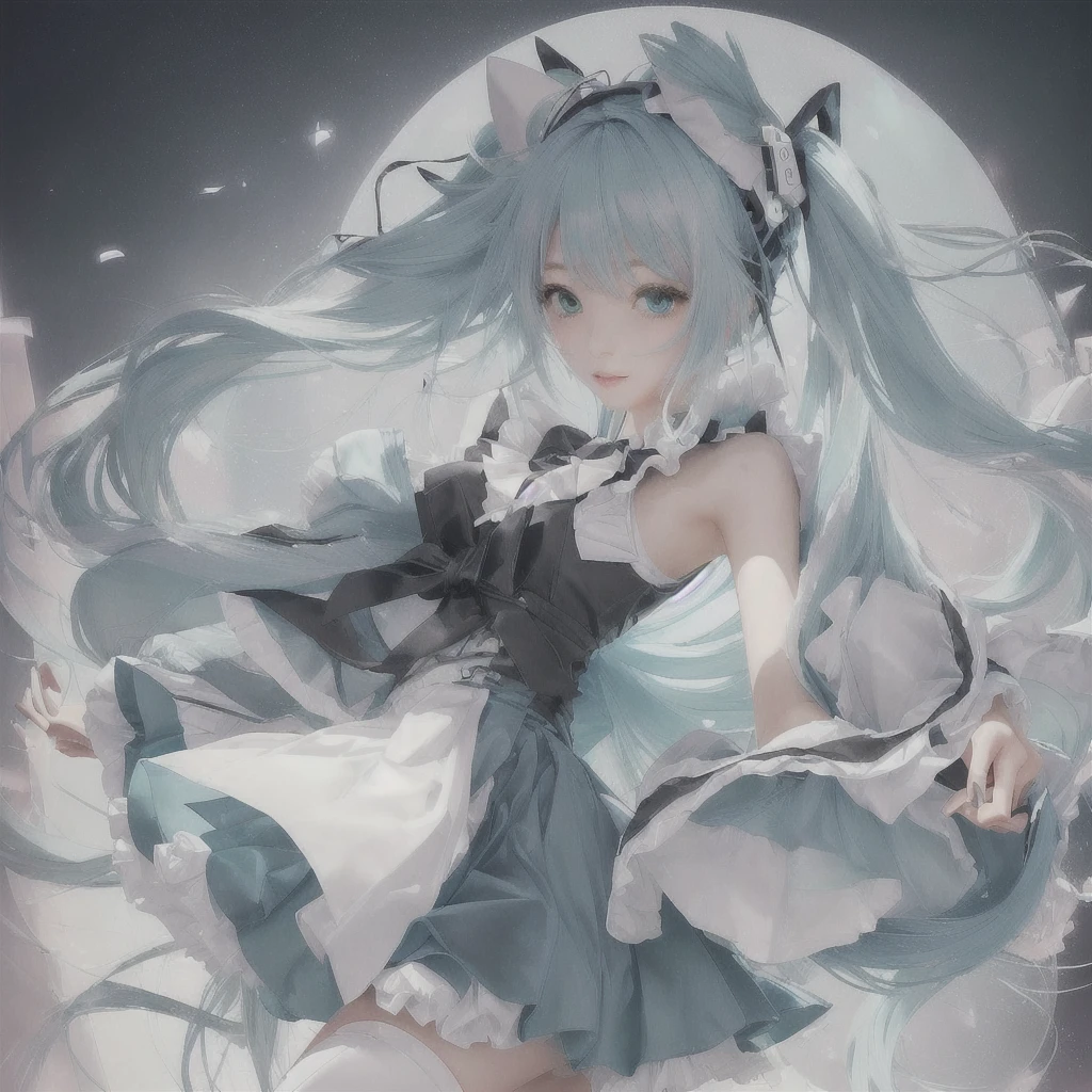 Anime girl with long blue hair and a white dress holding a knife, Nightcore, Pixiv contest winner, by Shimo, digital art on Pixiv, Hatsune Miku portrait, Pixiv, trending on artstation Pixiv, Anime Style 4k, Anime Art Wallpapers 8K, Hatsune Miku portrait, Mikudayo, ゼロチャンアートLet's start with a base illustration of a young female character.
Adjust the hair color to Hatsune Miku's iconic turquoise blue.
Style the hair to be very long, reaching below the waist, in twin tails. Ensure the twin tails are evenly balanced and neatly wrapped at the top.
Give the hair a glossy appearance and a slightly voluminous texture.
Create a youthful and cute facial expression with large, expressive eyes. The eye color should be a bright shade of blue.
Give her a characteristic slim and body frame.
Remove the distinctive outfit consisting of a sleeveless top, tie, and pleated skirt. Include shades of teal and black in the color scheme.
Include signature accessories such as a futuristic headset, microphone, and detachable sleeves.
Optionally, add knee-high boots or thigh-high socks in matching color tones.
Provide a background that complements the aesthetic, such as a futuristic cityscape or a concert stage with colorful lights.
Please note that due to the complexity of the instructions, it may be challenging for an AI to accurately generate an image based on the exact specifications provided.
Please draw it in a sketch-like style, resembling an idea sketch.
A drawing that looks like it was done with a pencil. A picture drawn in a messy manner. A drawing done with hesitation.Soft Joints - Dancer's Joints - Twisting the Hips Dramatically - No Use of Black in Outlines - Pink Illumination - Lowered Gaze - Slender Eyes - Puffy Cheeks - Visible Abdominal Skin - Hair Color is Aqua - Hair Doesn't Turn Green - Employing Light Pastel Colors for Outlines.