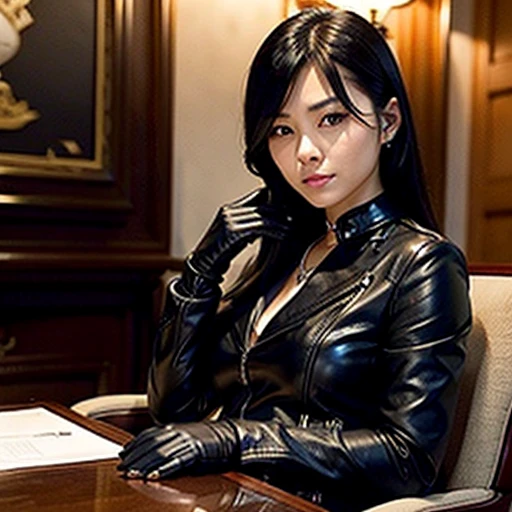 Wear black leather gloves down to the fingertips, covering the upper body., black leather double rider jacket, Slim necklace, young and cute Japanese woman with beautiful black hair, sitting on a black leather chair facing the table in the presidential room at night, with both hands aligned on the table