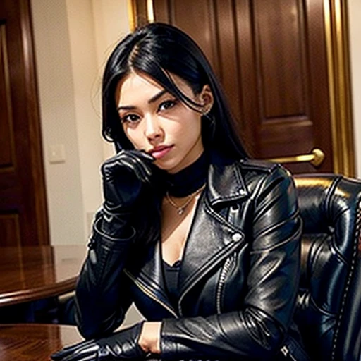 Wear black leather gloves down to the fingertips, covering the upper body., black leather double rider jacket, Slim necklace, young and cute Japanese woman with beautiful black hair, sitting on a black leather chair facing the table in the presidential room at night, with both hands aligned on the table