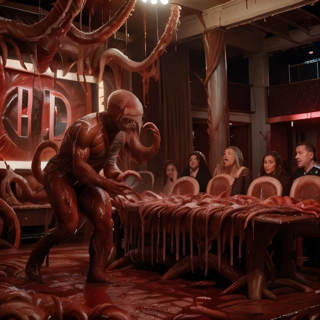 (HD photograph:1.4), best quality , Hasselblad, highly detailed, 8k, professional image, (UK game show set called "Move On!"), enthusiastic audience and contestants, male contestants, wearing dirty suits, (audience members:1.2), eating a plate of nondescript bloody meat, bloody tables, (gore:1.3), unnerving, creepy, horror, surrealist, (David Cronenberg:1.3)