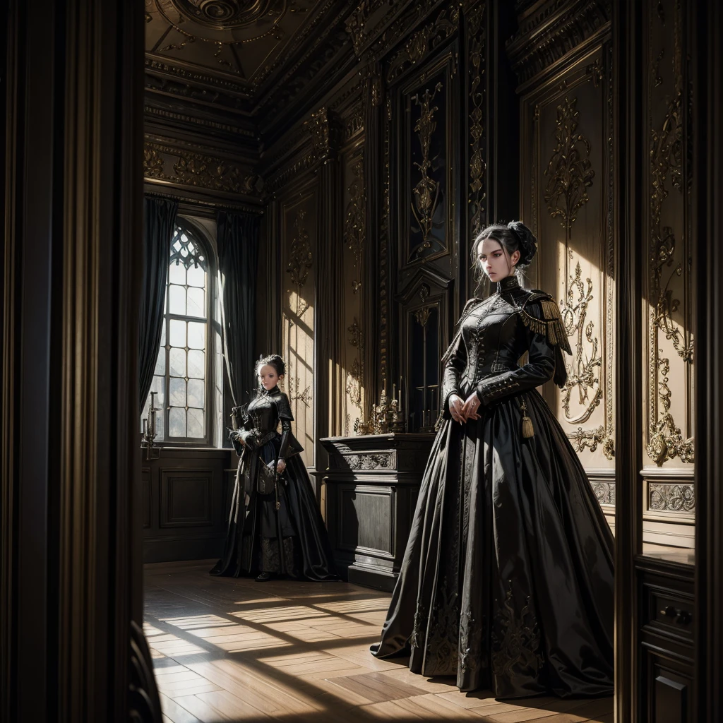 a woman in a dark imperial military uniform inspects the interior of a gothic house populated by grotesque and surreal figures hyper-realistic, cinematic, 4k, ultra-detailed, masterpiece, intricate-details, photo-realistic, perfect-details,first-floor, near the obcietive
