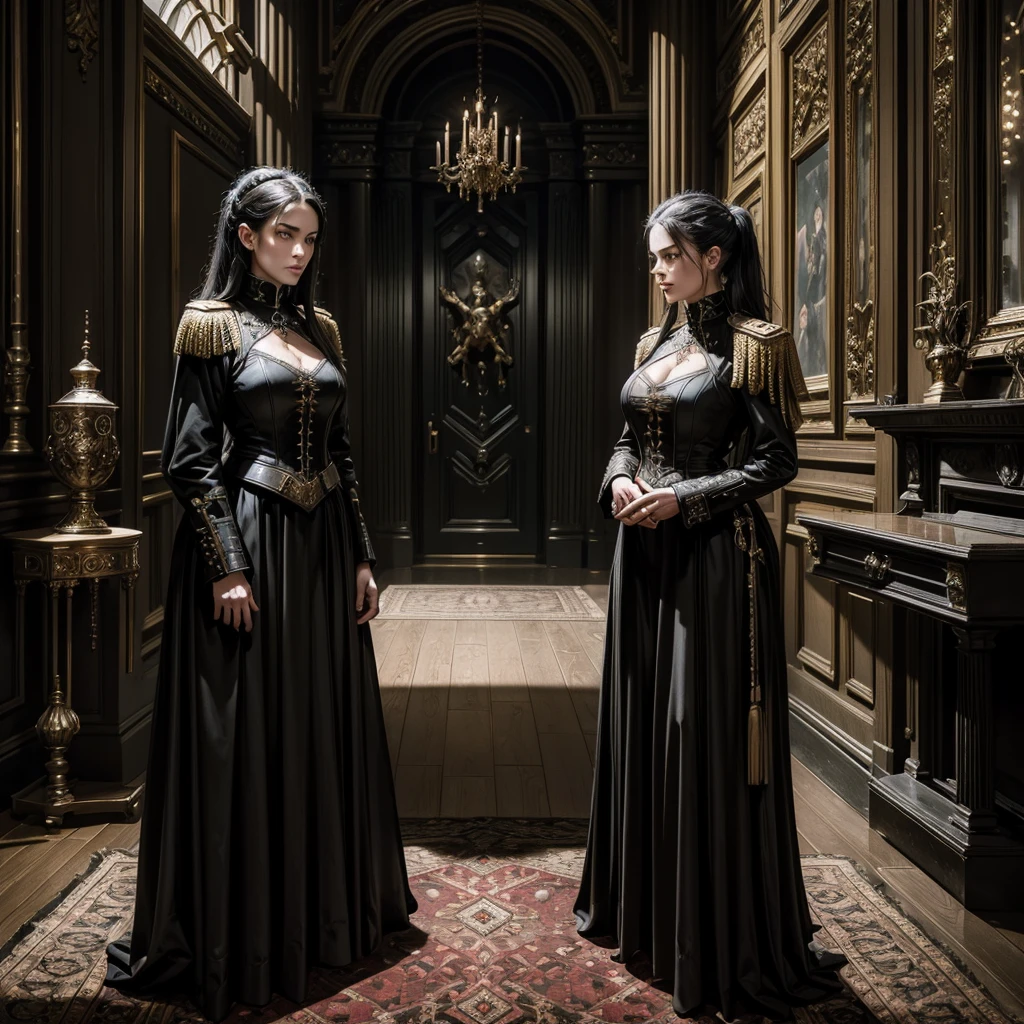a woman in a dark imperial military uniform inspects the interior of a gothic house populated by grotesque and surreal figures hyper-realistic, cinematic, 4k, ultra-detailed, masterpiece, intricate-details, photo-realistic, perfect-details,first-floor, near the obcietive