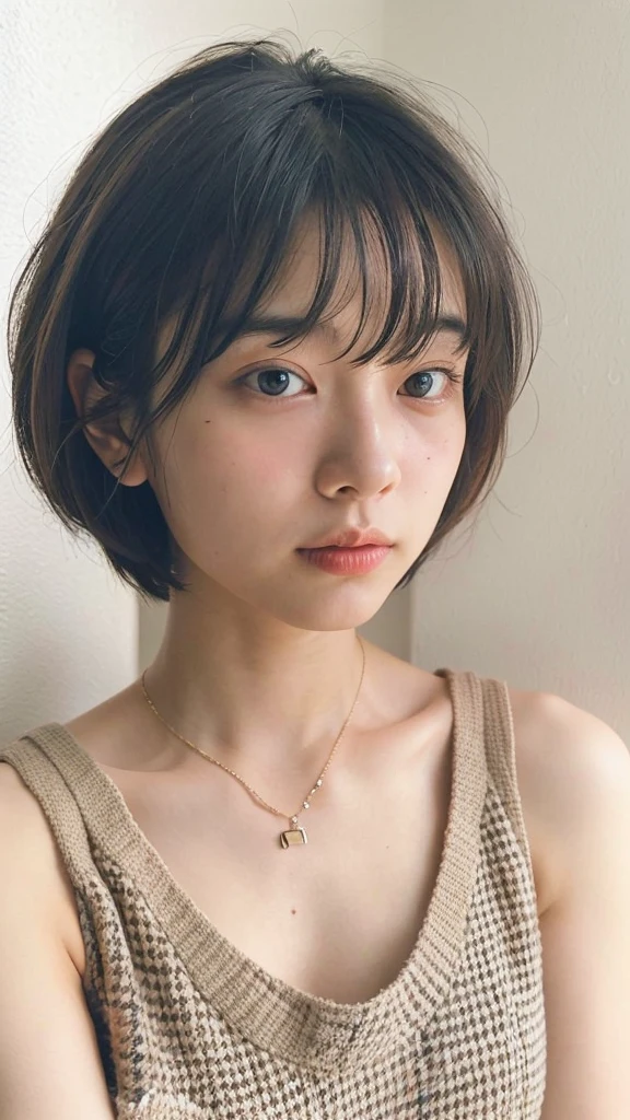 (very realistic photo, concentrated、High resolution, detailed face, fine eyes), ((Taken in front of a white wall))、japanese woman, 20-year-old, various expressions, Upper body、alone:1, slim body shape, various hairstyles,black sheer tops、 Only one person is in the photo、Photographed in natural light、simple necklace、bob hair、shortcut、looking at the camera
