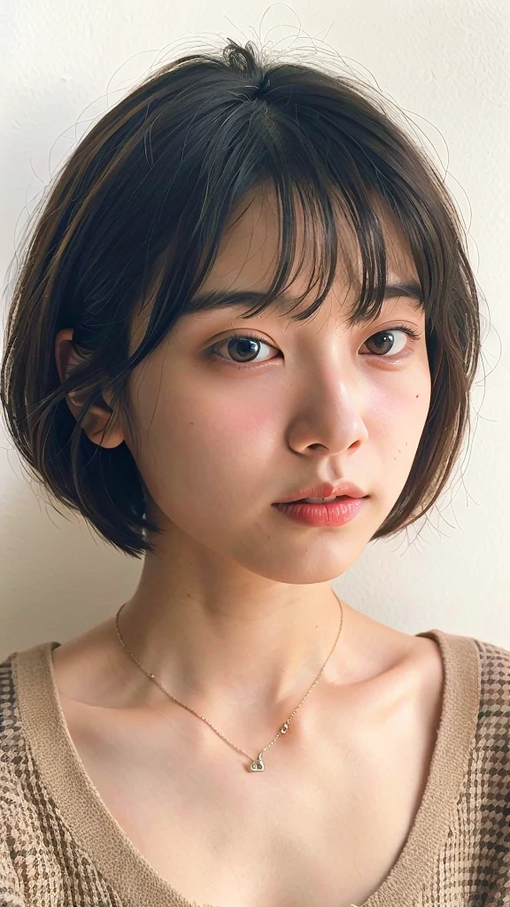 (very realistic photo, concentrated、High resolution, detailed face, fine eyes), ((Taken in front of a white wall))、japanese woman, 20-year-old, various expressions, Upper body、alone:1, slim body shape, various hairstyles,black sheer tops、 Only one person is in the photo、Photographed in natural light、simple necklace、bob hair、shortcut、looking at the camera