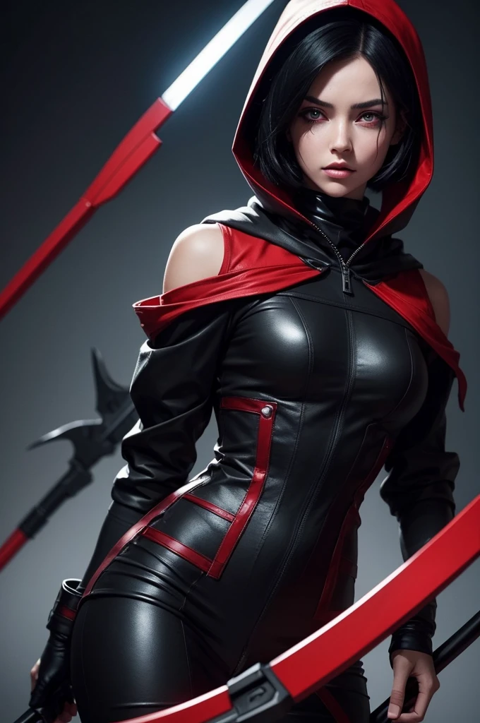 I want to create a character in the galaxy with an intimidating appearance and short black hair down to her shoulders and with black eyes behind her and red pupils wearing a sexy and elegant outfit with a hood and a scythe