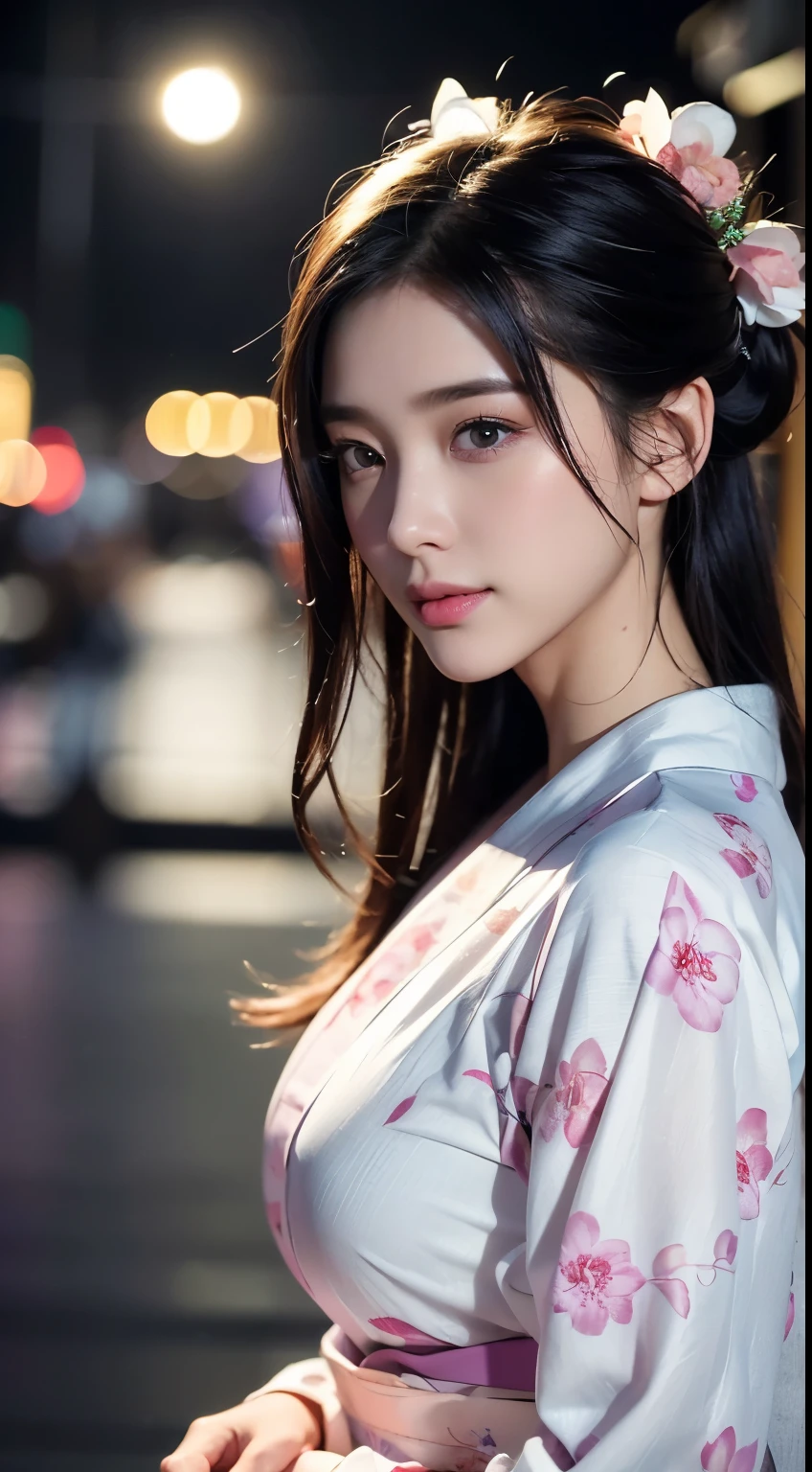 (logo、masterpiece、8k、Tabletop、RAW Photos、wonderful、最high quality、フォトリアリスティックでVery detailedな CG 複合 8k 壁紙、high quality、Very detailed、Narrative poem、Particle Effects、Dynamic Effects、Depth of the Boundary、Cinematic Light、Lens flare、Ray Tracing）、 (One beautiful woman wearing a yukata、White yukata、Light purple pattern)、Black-haired、High definition skin、Very fine、Fine skin texture、Beautiful Face、True Face、Beautiful details in the eyes、Realistic eyes、Beautifully detailed eyes、Realistic Skin、Beautiful Skin、Surreal、Smiling Eyes、Hair and light eyes、vivid、Colorful lights and bokeh、plump lower lip、Pink Lips、Hair flutters in Wind、Hair bounces、wonderful景色、night、evening、Wind、moonlight、moonlight、light