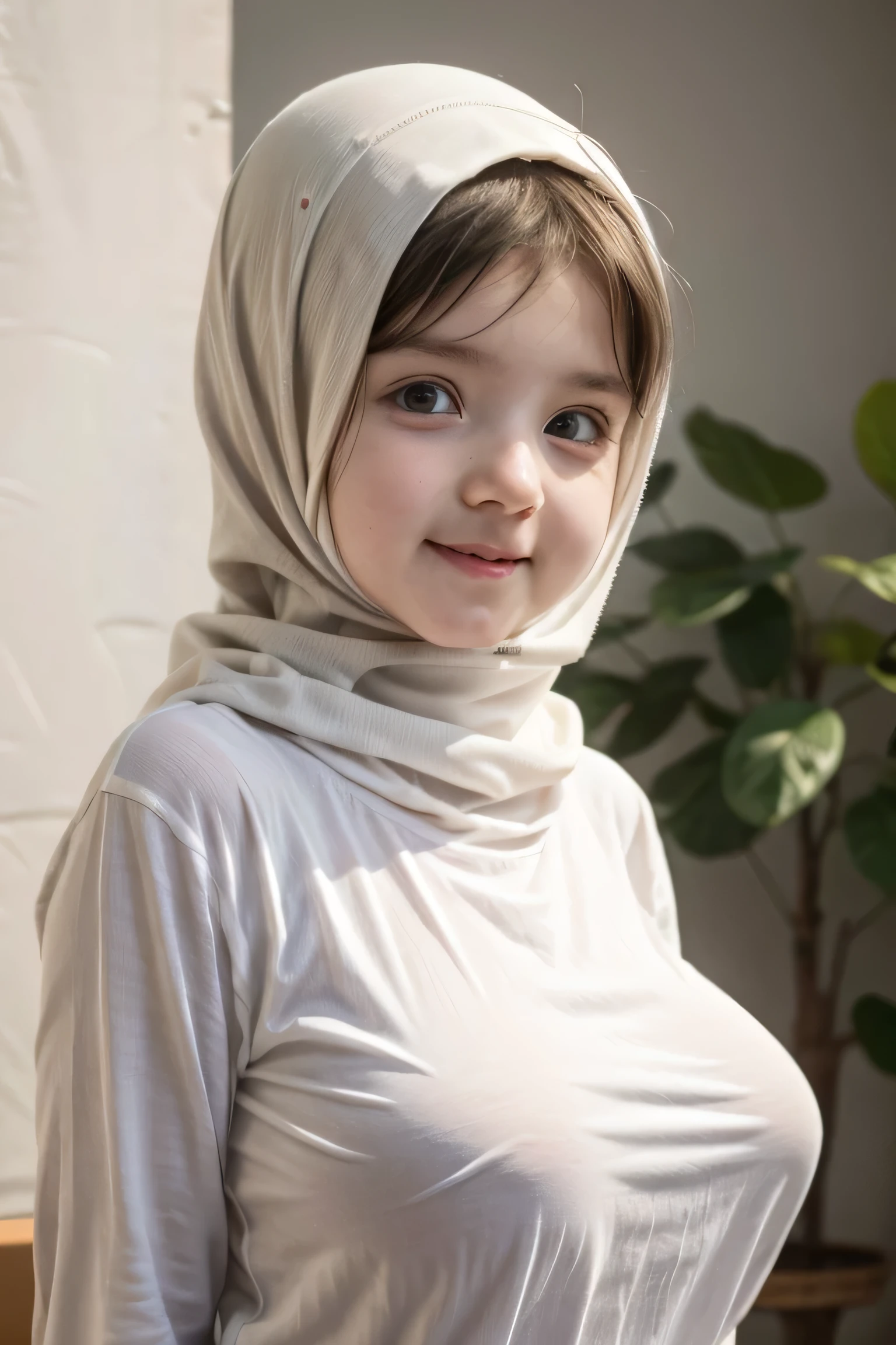 adorable, 1 girl, (face to face), , baby face, happy, half body portrait, (face details: 1), (eye details: 1), ((big breasts)). wearing transparent transparency soft long shirt, hijab .. Cute posed. proportional body. Ultra High Res. realistic: 1.4, UHD, (polkadot pattern), view from side seductive pose