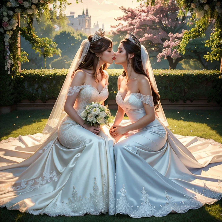 (masterpiece, best quality:1.5), highest quality, High resolution, super detailed, Realists, Full body photo of the bride, dark skin, detailed and beautiful eyes, beautiful detailed lips, very detailed eyes and face, longeyelashes, Woman in wedding dress made of shiny satin fabric, Beautiful and colorful makeup, elegant and noble々Pose,shiny crown and jewels, Gardens as background, soft daylight, bright colors, fine brushstrokes, Portrait style, Noble details in the dress fabric, beautiful color palette, glowing skin, First-class rendering, that captures every detail, enchanting atmosphere, subtle shadows and lights, (perfect ???????:1.2), (Two stunning brides are deeply in love:1.4), (kiss:1.2), (magnificent panorama view:1.2)