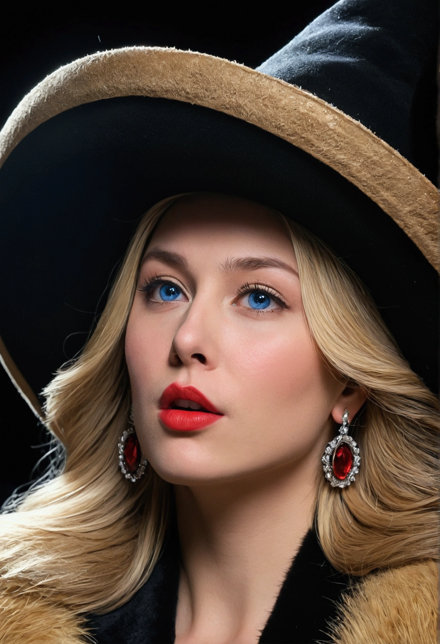 Nixeu, 1girl, black background, blonde hair, closed mouth, earrings, fur trim, blue eyes, hat, highlight, jewelry, big hat, light particles, long hair, looking at the audience, mixed language commentary, mole, mole, nostrils, raw, red lips, shadow face, shadow, simple background, solo, upper body, witch hat