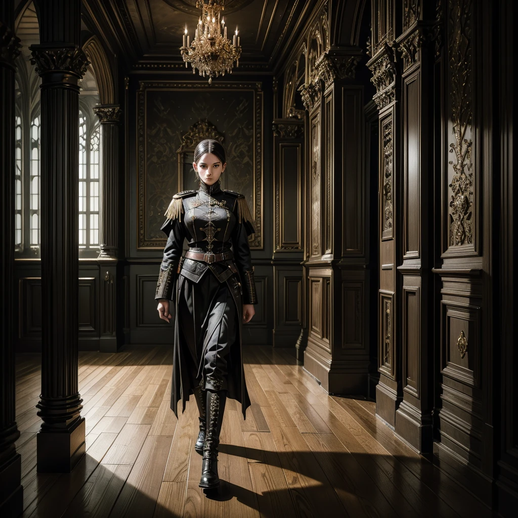 
a woman in a dark imperial military uniform inspects the interior of a gothic house populated by grotesque and surreal figures hyper-realistic, cinematic, 4k, ultra-detailed, masterpiece, intricate-details, photo-realistic, perfect-details,first-floor, near the obcietive 