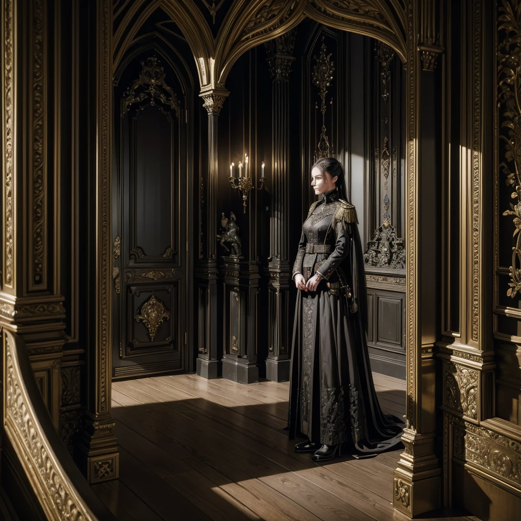 a woman in a dark imperial military uniform inspects the interior of a gothic house populated by grotesque and surreal figures hyper-realistic, cinematic, 4k, ultra-detailed, masterpiece, intricate-details, photo-realistic, perfect-details,first-floor, near the obcietive