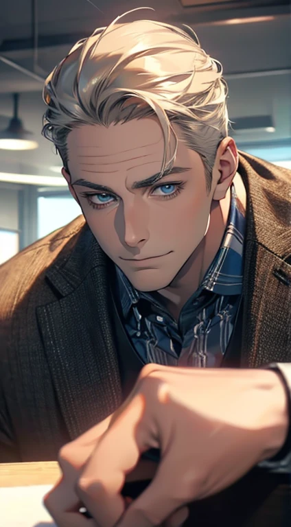 (best quality,4k,8k,highres,masterpiece:1.2),ultra-detailed,(realistic,photorealistic,photo-realistic:1.37),1 man,31 years old,mature man,very handsome,without expression,smile,short grey golden hair,blue eyes,penetrating gaze,perfect face without errors,imposing posture,businessman,office background,cinematic lighting,hdr image