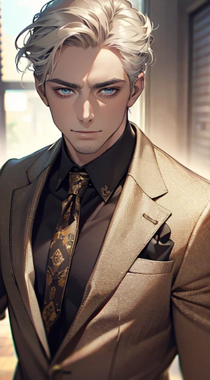(best quality,4k,8k,highres,masterpiece:1.2),ultra-detailed,(realistic,photorealistic,photo-realistic:1.37),1 man,31 years old,mature man,very handsome,without expression,smile,short grey golden hair,blue eyes,penetrating gaze,perfect face without errors,imposing posture,businessman,office background,cinematic lighting,hdr image