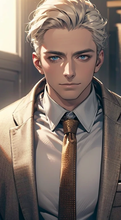 (best quality,4k,8k,highres,masterpiece:1.2),ultra-detailed,(realistic,photorealistic,photo-realistic:1.37),1 man,31 years old,mature man,very handsome,without expression,smile,short grey golden hair,blue eyes,penetrating gaze,perfect face without errors,imposing posture,businessman,office background,cinematic lighting,hdr image