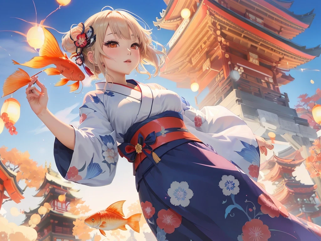 Anime girl in kimono holding a fish in front of a pagoda, Anime Style 4k, Splash Art Anime Loli, anime art wallpaper 4k, anime art wallpaper 4k, Anime Art Wallpapers 8K, 4K Manga Wallpapers, Best anime 4k konachan wallpaper, anime wallpaper 4k, anime wallpaper 4k, Anime-style illustrations, Japanese art style