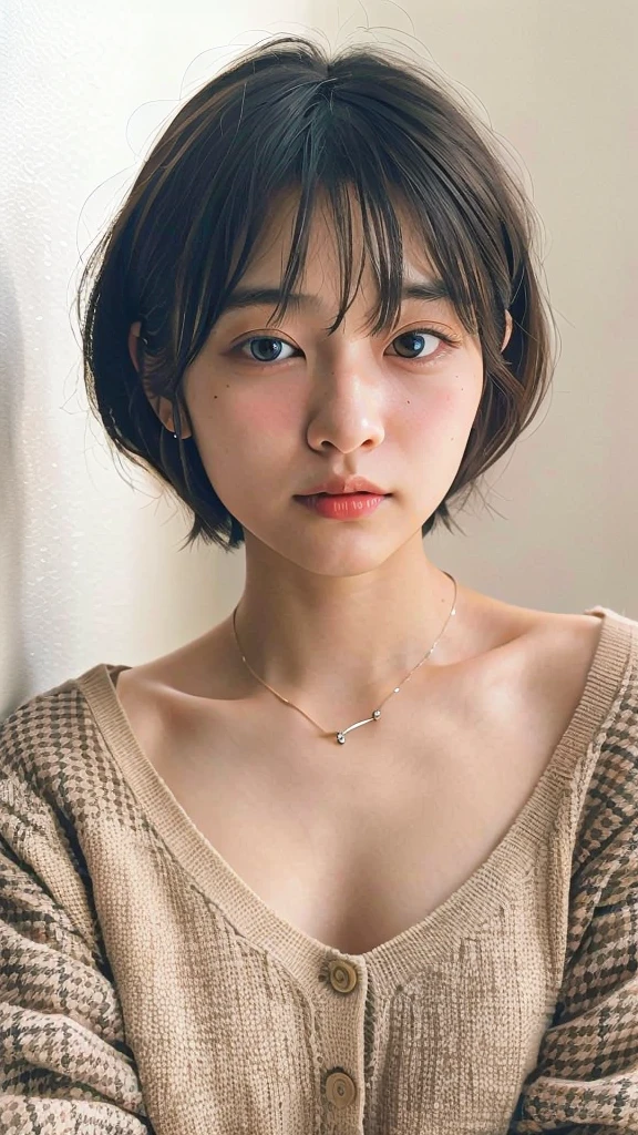 (very realistic photo, concentrated、High resolution, detailed face, fine eyes), ((Taken in front of a white wall))、japanese woman, 20-year-old, various expressions, Upper body、alone:1, slim body shape, various hairstyles,black sheer tops、 Only one person is in the photo、Photographed in natural light、simple necklace、bob hair、shortcut、looking at the camera