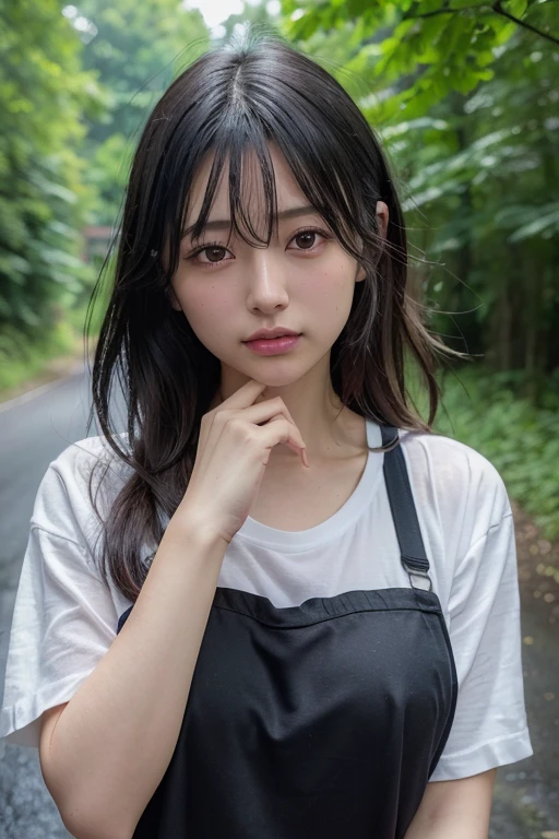 Random Pause, Mix 4, (8k, Original photo, Highest quality, masterpiece: 1.45), (Actual, Vibrant: 1.37), Skinny Japanese woman, One girl, charm, Dark forest road scene, night, rain, Wet, Professional Lighting, Photon Mapping, Radio City, Physically Based Rendering, Gradient black hair, Short Curly Hair, good looking, girl, The T-shirt is see-through,Torn clothes、 High resolution, 1080P, (Beautiful Face), (Detailed facial depiction), (Detailed description of the hand), (Detailed CG), Extreme light and shadow, Messy Hair, Lots of details, (exquisite features), (Highest quality photos), (Beautiful Eyes), Look in front of you, Thin clavicle, Apron