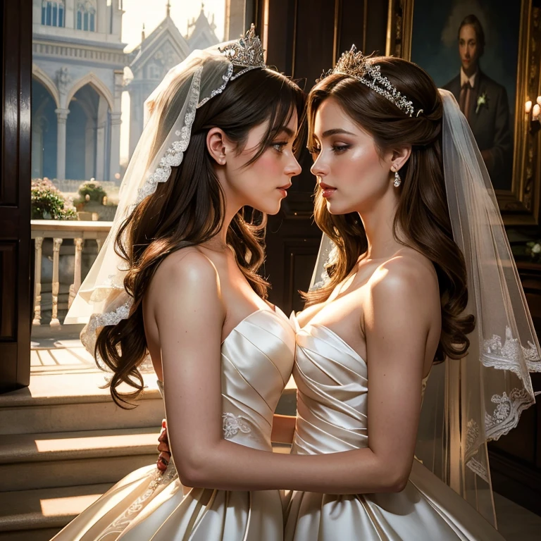 (masterpiece, best quality:1.5), highest quality, High resolution, super detailed, Realists, Upper body photo of the red-haired bride, detailed and beautiful eyes, beautiful detailed lips, very detailed eyes and face, longeyelashes, Woman in wedding dress made of shiny satin fabric, Beautiful and colorful makeup, elegant and noble々Pose,shiny crown and jewels, Gardens as background, soft daylight, bright colors, fine brushstrokes, Portrait style, Noble details in the dress fabric, beautiful color palette, glowing skin, First-class rendering, that captures every detail, enchanting atmosphere, subtle shadows and lights, (perfect anatomy:1.2), (Two stunning brides are deeply in love:1.4), (kiss:1.2), (magnificent panorama view:1.2)