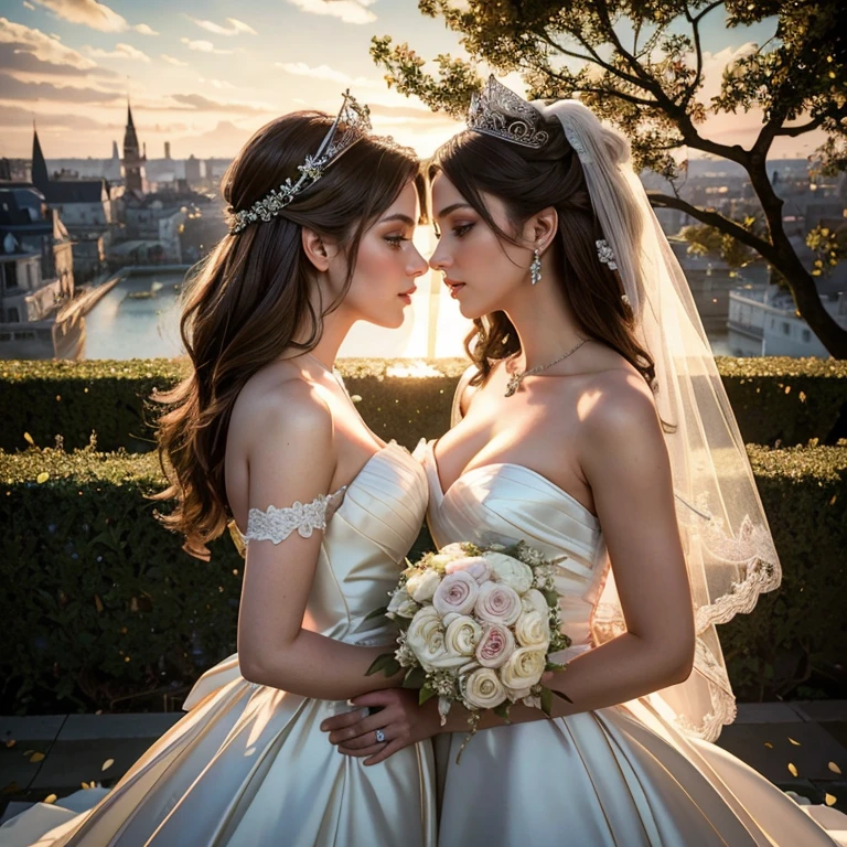 (masterpiece, best quality:1.5), highest quality, High resolution, super detailed, Realists, Upper body photo of the brunette bride, detailed and beautiful eyes, beautiful detailed lips, very detailed eyes and face, longeyelashes, Woman in wedding dress made of shiny satin fabric, Beautiful and colorful makeup, elegant and noble々Pose,shiny crown and jewels, Gardens as background, soft daylight, bright colors, fine brushstrokes, Portrait style, Noble details in the dress fabric, beautiful color palette, glowing skin, First-class rendering, that captures every detail, enchanting atmosphere, subtle shadows and lights, (perfect anatomy:1.2), (Two stunning brides are deeply in love:1.4), (kiss:1.2), (magnificent panorama view:1.2)