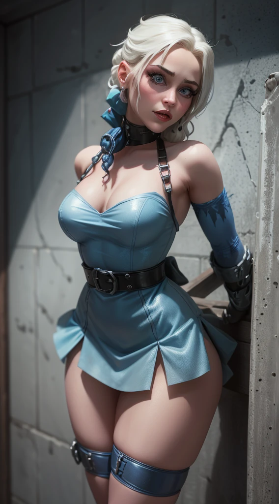 Harley Quinn, Elsa Frozen wear blue dress, tied up and restraint in prison, BDSM, bondage, ropes all over her body