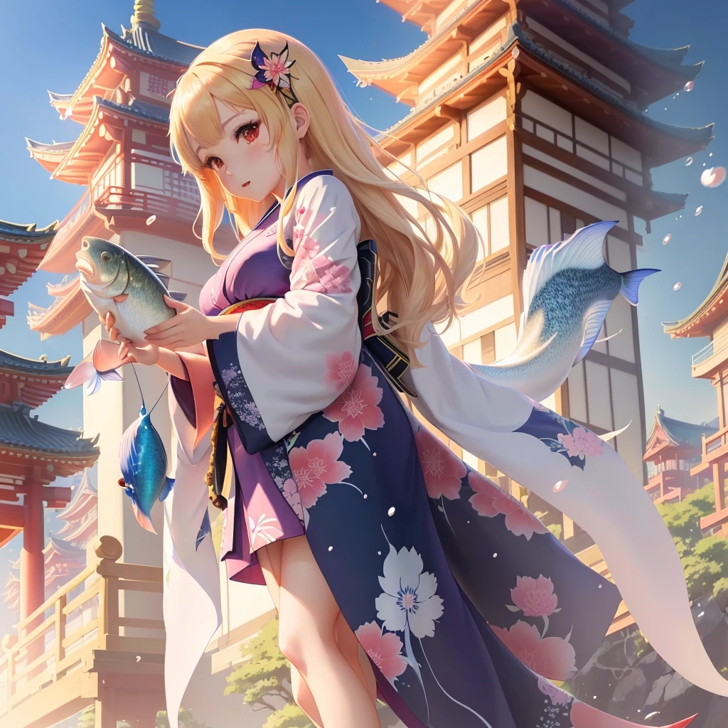 Anime girl in kimono holding a fish in front of a pagoda, Anime Style 4k, Splash Art Anime Loli, anime art wallpaper 4k, anime art wallpaper 4k, Anime Art Wallpapers 8K, 4K Manga Wallpapers, Best anime 4k konachan wallpaper, anime wallpaper 4k, anime wallpaper 4k, Anime-style illustrations, Japanese art style