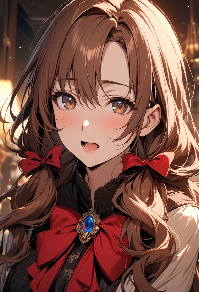 Solo, 1girl, Long Hair, brown hair, brown eyes, mature, high detail, low twin tails, red bow, high detail, beautiful eyes, beautiful color, open mouth