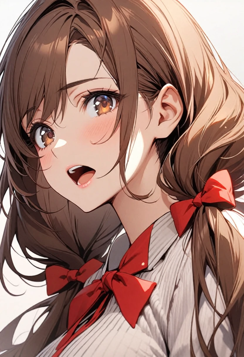Solo, 1girl, Long Hair, brown hair, brown eyes, mature, high detail, low twin tails, red bow, high detail, beautiful eyes, beautiful color, open mouth