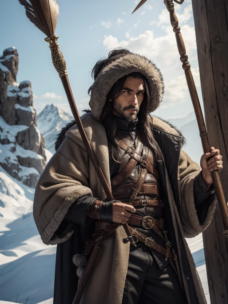 Man wearing fur clothing and holding a spear